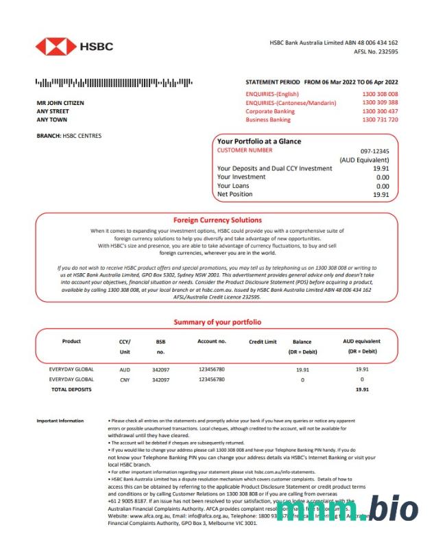 Szablon wyciągu bankowego Australia HSBC w formacie Excel i PDF, w pełni edytowalny
